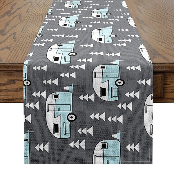 Erosebridal Camper Rectangular Runners,Camping Theme Table Runners,Kids Cartoon RV Car