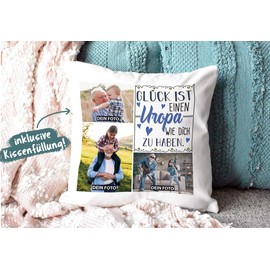 PR Print Royal Cushion with Cushion Filling with Photo Collage to Design Yourself with Three Photos and Saying "Glück ist, einen Uropa wie Dich zu haben - Cushion White, 40 x 40 cm