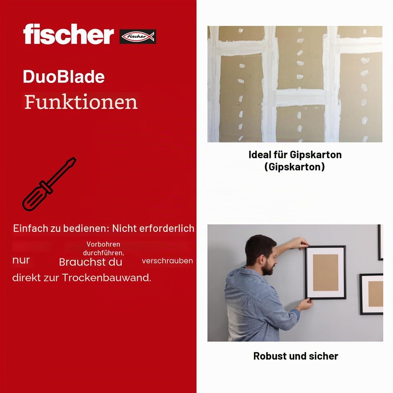 fischer DuoBlade Self Drilling Plasterboard Fixing Strong Dowels for Easy