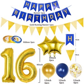Sweet 16 Birthday Decorations for Boy Girl, Gold and Blue Sweet Sixteen Year Old Party Decorations with Happy Birthday Banner, Triangle Flags, 40In Number 16 Foil Birthday Balloons, Star Balloons