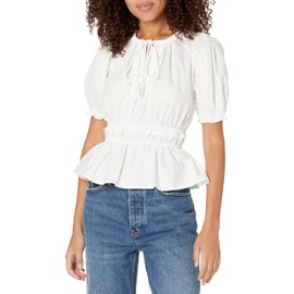 Moon River Women's Gathered Neck Shirred Ruffle TOP, Cream