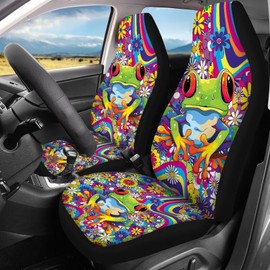 KEIAHUAN Frog Hippie Flower Car Seat Cover for Women 4 Piece Stretchy Front and Back Seat Covers Auto Interior Accessories Universal Fit for SUV Sedan and Truck