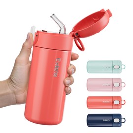 Exllena 300ml Small Water Bottle with One-Touch Soft Straw Lid, Double-Wall Vacuum Insulated Small Flask for Hot&Cold Drinks–Leak-Proof, Mini Water Bottle for Handbag, Yoga, Sport (Coral Red)