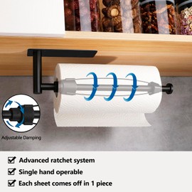 Gewtur Black Paper Towel Holder Under Cabinet, Single Hand Operable Wall Mount Paper Towel Roll Holder with Damping Effect, Self-Adhesive or Drilled for Kitchen Bathroom, SUS304 Stainless Steel