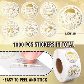 JarThenaAMCS 1000Pcs Clear Christmas Stickers Roll Gold Foil Stamping Seal Stickers Self-Adhesive Xmas Label Decals for Holiday Envelope Invitations Cards Gift Decor, 6 Designs