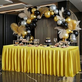 6FT Gold Satin Tablecloths for Rectangle Tables - Shiny Spandex Party Table Cover with Pleated Table Skirt, No-Wrinkle & Glossy Wedding Tablecloth One-Piece for Birthday Baby Shower Banquet Ceremony