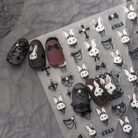 5D Embossed Bunny Nail Stickers Lovely Rabbit Nail Art White Black Nail Decals Cute Stickers for Nails Designs Self Adhesive Nail Art Supplies & Decorations for Women Girls 1 Sheet