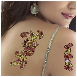 Stylesindia Self-Adhesive Arabiac Design Glitter Kundan Tattoos For Face Hand Body & Leg Jewel Tattoos Pack of 2 Sheets (Kundan-Red-07)