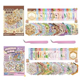 kaensc 40 Sätze DIY Aufkleber-Szenen Mit Pinzette,2 Bücher DIY 3D Haus Aufkleber-Buch Erstellen Sie Eigenes Cartoon Mini-Home Vergnügungspark Erwachsene Physiotherapie Stress lindern Zeit Verbringen