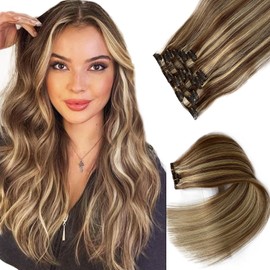 Clip in Hair Extensions Real Human Hair, Brown Balayage Blonde Highlights Real Hair Extensions Clip ins, Hair Extensions Clip in Human Hair 7 Pieces 70G Double Weft 14 Inch Clip on Hair Extensions
