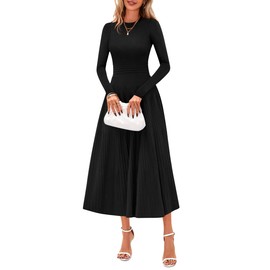 PRETTYGARDEN Women's Long Sleeve Midi Sweater Dress 2025 Fall Crewneck Knit A Line Pleated Wedding Guest Winter Dresses (Black,Large)