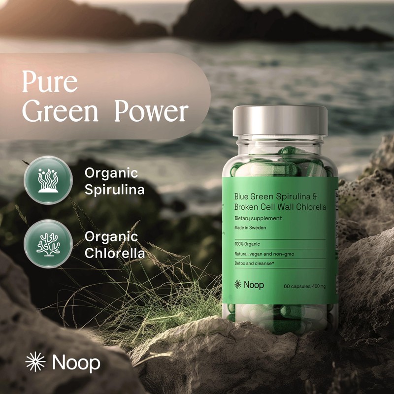 Noop Spirulina & Chlorella Superfood, 60 Capsules, Vegan and Third