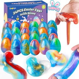 Letapapa 24 Pcs Prefilled Easter Eggs with Galaxy Slime for Easter Basket Stuffers Party Favors, Filled Easter Eggs with Stress Relief Toys for Easter Egg Hunt, Easter Gifts, Classroom Rewards
