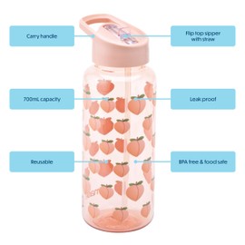 Smash 1 Litre Drink Bottle with flip top lid and straw - Peach design