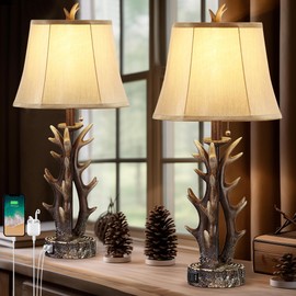 Antler Lamps Set of 2 - Rustic Cabin Table Lamps with Dual USB A/C & Pull Chain Switch, Farmhouse Western Bedside Nightstand Lamp for Living Room, Bedroom, Hunting Lodge Gift (No Bulb Included)