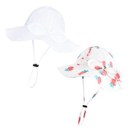 Baby Girl Sun Hat with UPF 50+ Outdoor Adjustable Beach Hat with Wide Brim Bucket Hats (2-3岁, White & Strawberry Printing 2pcs)