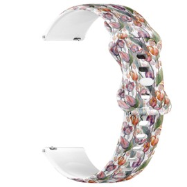 Compatible with Garmin Forerunner 255S/255S Music, 265S, Rey, Venu 2S, Venu 3S, Vivoactive 4S, Vivomove 3S, 18mm Replacement Sport Watch Band ( Red Purple Tulip Floral Botanical ) Silicone Soft Strap Bracelet
