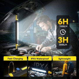 AlpsWolf Magnetic Rechargeable Work Light - 3000LM LED Light Bar, 5200mAh Underhood Light with 360°Rotatable Hook and Clip, 3 Brightness Modes for Car Repair, Workshop, Emergency (1PC)