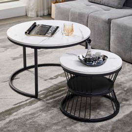 YVDNHP Nesting Coffee Table Black Set of 2, 27.5" Round Coffee Tables Living Room, Modern Side Table with Sturdy Metal Frame, Black Coffee Table for Bedroom Balcony Home Decor
