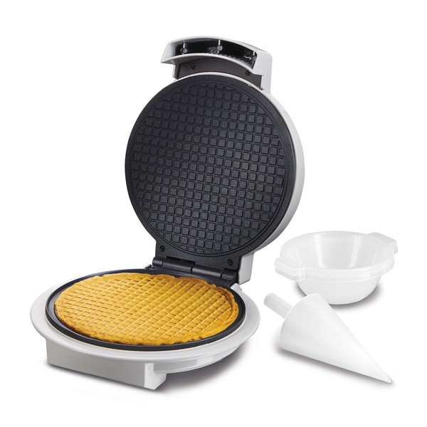 Proctor Silex Waffle Cone and Ice Cream Bowl Maker with Browning Control, Shaper Roller and Cup Press, 7.5” Nonstick Plates, White (26410)
