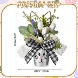 Hoteam 2 Pcs Easter Table Decor, Farmhouse Easter Centerpieces for Tables, Artificial Flower with Bunny Ear Buffalo Plaid Bows Tabletop Decoration for Home Mantle Office Spring Party