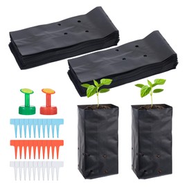100 Pcs Nursery Growing Bags Seedling Starter Bags with 30 Plant Labels & 2 Mini Watering Sprinklers,Plant Grow Bags Plants Pots Plastic Pouches for Garden Trees,Flowers, Vegetable(7.5x3.8x2.6 Inch)