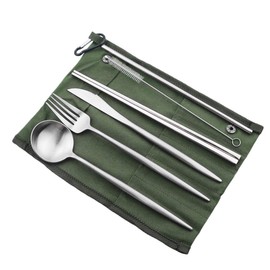 Gugrida Reusable Travel Utensils, 7 Pieces Portable 18/10 Stainless Steel include Knife Fork Spoon Chopsticks Cleaning Brush Straws Portable Pouch, Eco-friendly Camping Silverware Set, Dishwasher Safe