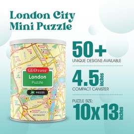 Geotoys London Mini Puzzle - 100 Piece Puzzles for Kids and Adults in Portable Can, 13" x 10" Educational Travel Puzzle for Ages 7 and Up - Mini Puzzles to Learn & Explore Geography