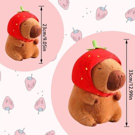 Strawberry Capybara Plush Toy, Cute Capybara Anime Fluffy Toy, Creative Birthday and Holiday Gift Options, Christmas Gift - Color: brown and red, Specification: 23cm/9.05in