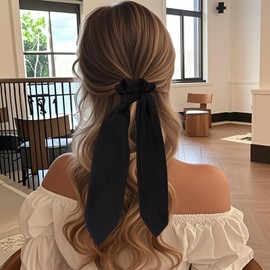 Flomiara 2PCS Hair Bows Scrunchies for Women, Ribbon Ponytail Holder Accessories Slides Solid Hair Ties, Accessories Hairdresser Knotted Bows Fabric Scrunchy Long Hair Band for Women Girls, Black