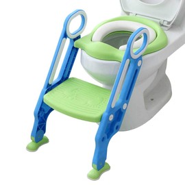 Potty Training Toilet Seat with Step Stool Ladder for Boys and Girls Baby Toddler Kid Children Toilet Training Seat Chair with Handles Padded Seat Non-Slip Wide Step (Blue Green)