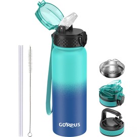 GOPPUS 600ml/20oz Stainless Steel Water Bottle with Straw Insulated Sports Bottle Cold Flask with Straw Double Walled Flip up Metal Water Bottles Leakproof Water Bottle for Gym Sports