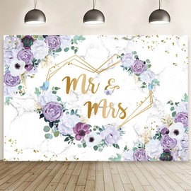 AIBIIN 10x7ft Mr and Mrs Violet Wedding Backdrop for Bridal Shower Purple and White Flowers Photography Background Hearts Geometric Couple Wedding Party Decorations Bride to Be Engagement Banner Props