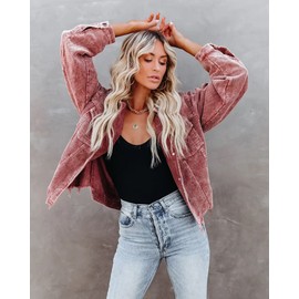 LCRRRN Womens Cropped Corduroy Jacket 2025 Casual Oversized Spring Button Down Shacket Coat Fringe with Frayed Hem (Red,L)