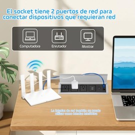 Enchufe Escritorio, Regleta Empotrada con 6 Múltiples Contactos, Toma Oculta, Tira de Alimentación Desplegable, HDMI Net 2 AC y 2 USB para Oficina Dor