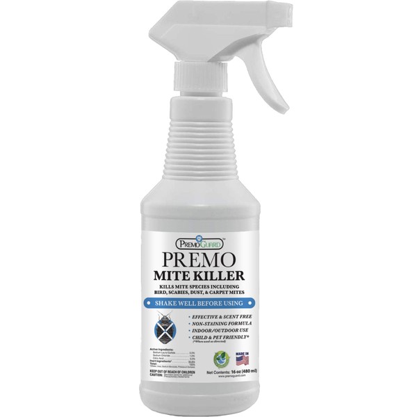 Mite Killer Spray by Premo Guard 16 oz – Treatment for Dust Spider Bird Rat Mouse Carpet and Scabies Mites – Fast Acting 100% Effective – Child & Pet Safe – Best Natural Extended Protection