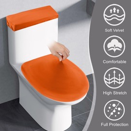 Stretch Velvet Toilet Lid Cover and Toilet Tank Lid Cover, Bathroom Super Soft Toilet Lid Cover Set Luxury Velvet Plush, with Elastic Bottom, Machine Wash, Orange