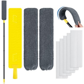 Qaestfy Under Appliance Cleaning Tool with Long Handle, 2 Reusable Microfiber Pads, 5 Disposable Dusting Cloths, Retractable Flat Gap Duster (30-63”) for Behind Fridge, Washer, Bed, Furniture