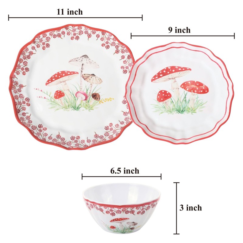 UPware 12 Piece Mushroom Melamine Dinnerware Sets, Outdoor Dishes Set,