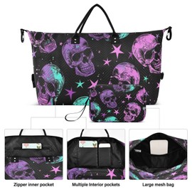 Skull Travel Duffle Bag Gym Bag, Neon Purple Gothic Skull Weekender Bags for Women with Toiletry Bag Travel Tote Bag Swim Bag