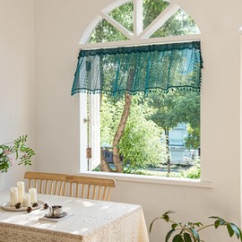 Sutuo Home Boho Valance Curtains for Kitchen Crochet Lace Sheer Bohemian Hollow Knitted with Tassels, Privacy Vintage Rustic Farmhouse Drapes, Rod Pocket 1 Panel 59" W x 18" L, Turquoise