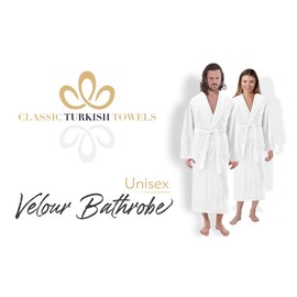Classic Turkish Towels - Unisex Luxury Plush Velour Premium Cotton Bathrobe - Ultra Soft And Absorbent Long Robe (White)