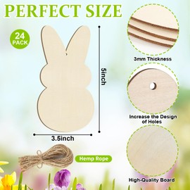 Wooden Easter Ornaments to Paint Spring Decoration Happy Easter Cutouts Unfinished 24PCS 3.5 inches, DIY Blank Rabbit Bunny Unfinished Christmas Tree Wood Discs Ornament for Home Crafts Hanging