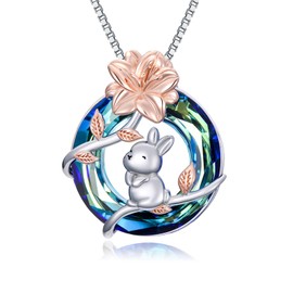 MEIDERBO Rabbit Necklace for Women 925 sterling silver Lily Flower Pendant Bunny Necklace Blue Crystal Jewelry for Christmas Birthday, 25*20.4mm, Sterling Silver, No Gemstone