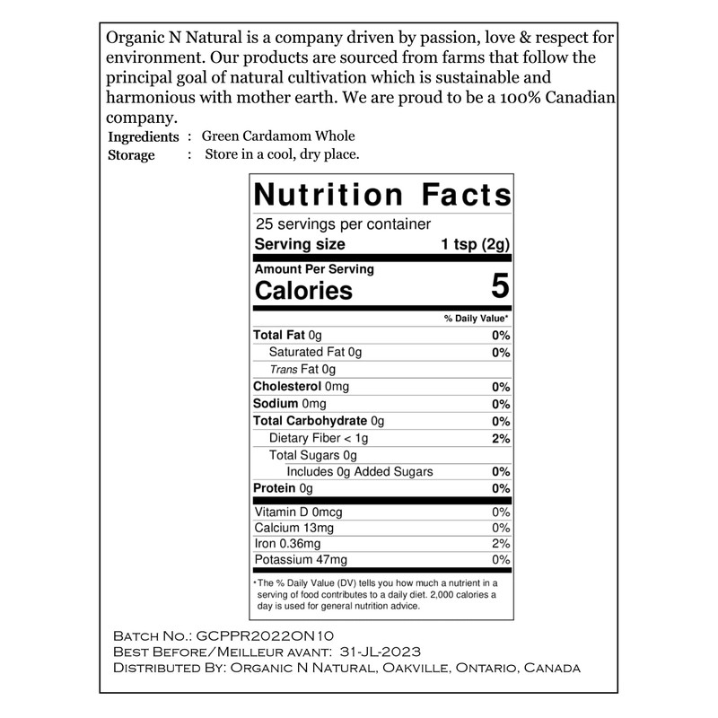 Proudly Canadian | Organic N Natural Green Cardamom | 100g