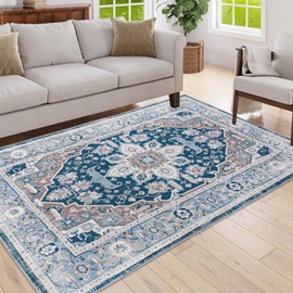 espidoo 5x7 Bohemian Vintage Area Rug: Machine Washable Non-Slip Polyester Rug - Persian Floral Design for Living Room Bedroom & Kitchen Decor