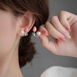 Vacaonio Boho Tulip Earrings Tulip Flower Pearl Earrings Pink Tulip Stud Earrings Pearl Flower Ear Jacket Earrings Flower Ear Climber Earrings Enamel Tulip Charm Earrings Jewelry for Women