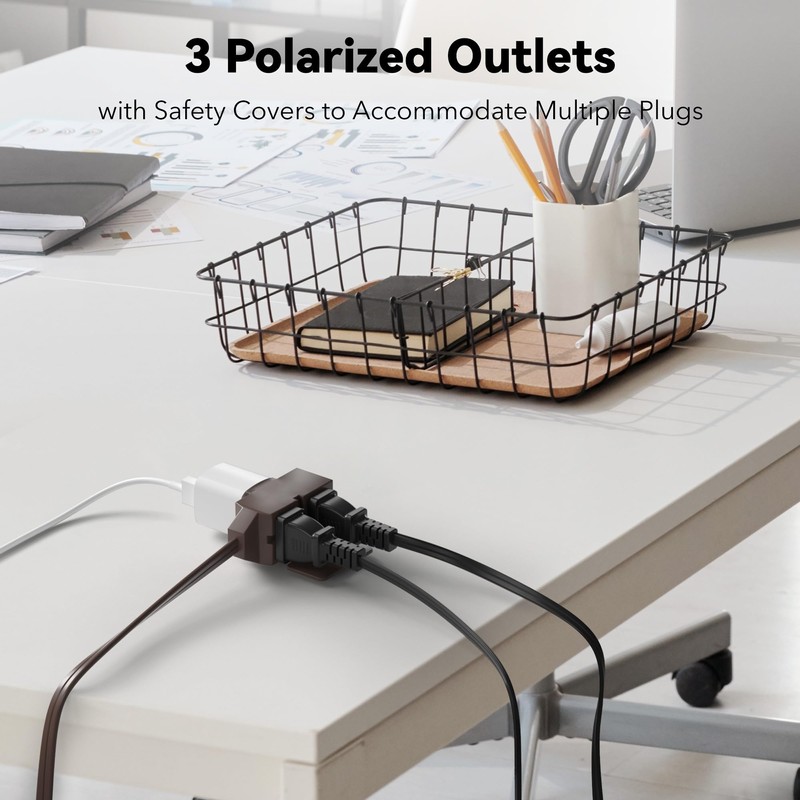 BN-LINK 6+9+12 Ft Indoor Extension Cord, Brown, 3-Outlet Polarized Flat