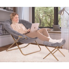 Milliard Cozy Chair with Footrest Ottoman/Faux Fur Saucer Chair for Bedroom/X-Large (Grey)