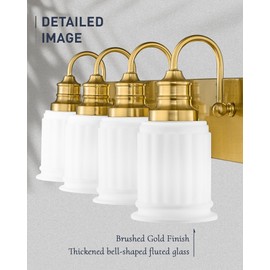 Bathroom Light Fixtures 4-Lights, HWH Brushed Gold Vanity Light Modern Bathroom Vanity Lights Over Mirror, 26'' Antique Brass Vanity Light with Frosted White Bell-Shaped Fluted Glass, 5HZG106B-4W BG
